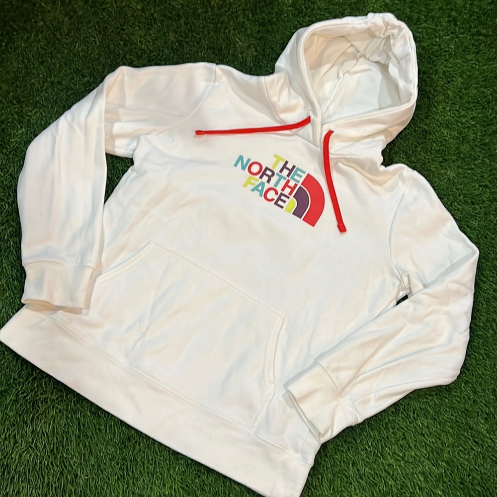 The North Face White Pullover Hoodie with Multicolor Logo